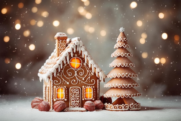 Casa di pan di zenzero e albero di Natale sul muro splendente
