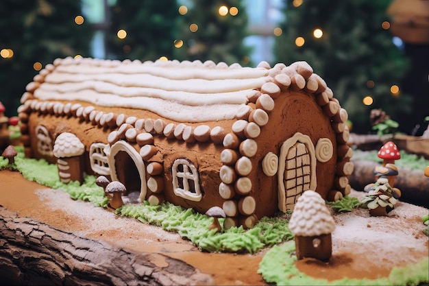 Casa di pan di zenzero fatta a mano con decorazioni natalizie