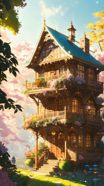 Casa di pittura nella foresta con fiori
