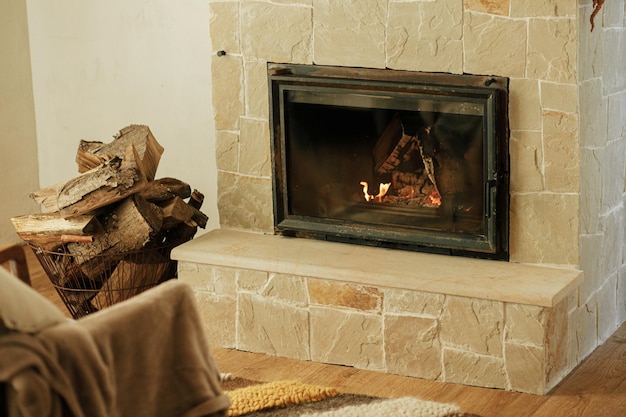 Casa di riscaldamento in inverno con stufa a legna Legna da ardere nel camino in camera rustica