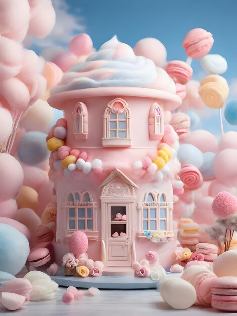 Casa di torte 3D con caramelle dolci su sfondo rosa Illustrazione 3D del concetto di Natale e Capodanno