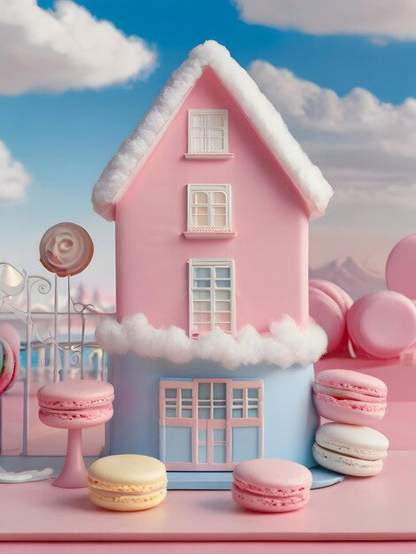 Casa di torte 3D con caramelle dolci su sfondo rosa Illustrazione 3D del concetto di Natale e Capodanno