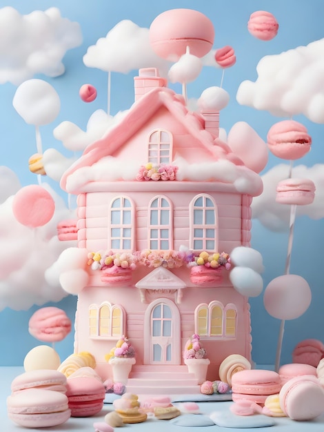 Casa di torte 3D con caramelle dolci su sfondo rosa Illustrazione 3D del concetto di Natale e Capodanno