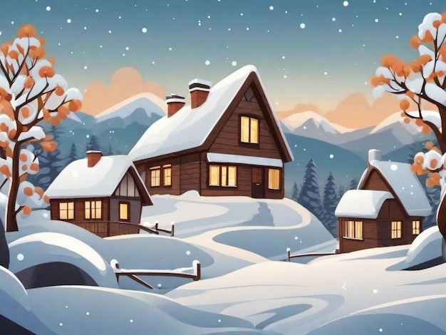 casa di villaggio con sfondo di neve