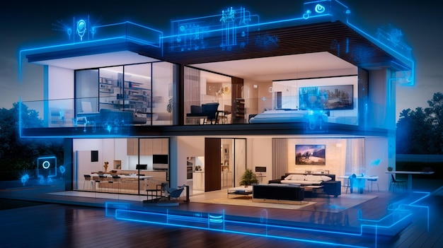 casa digitale moderna e intelligente con paesaggio notturno