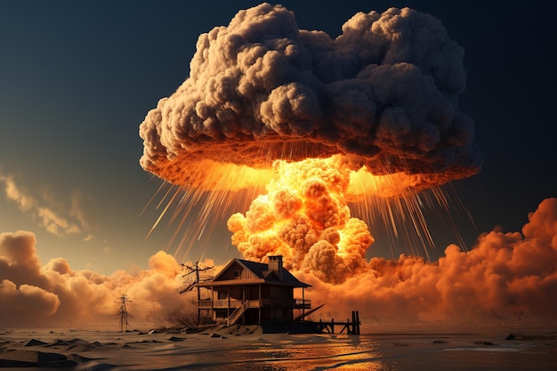 casa distrutta sullo sfondo di un'esplosione nucleare tramonto