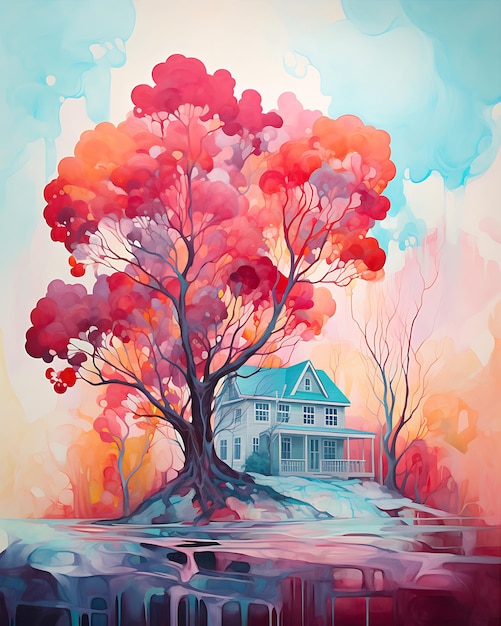 Casa e albero in stile artistico