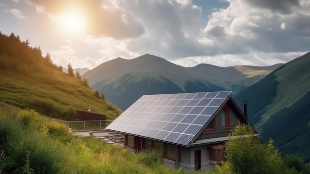 Casa ecologica con pannelli solari sul tetto circondati dal verde IA generativa