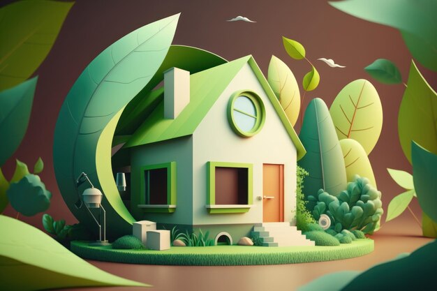 Casa ecologica con sfondo ambientale verde Generativo Ai