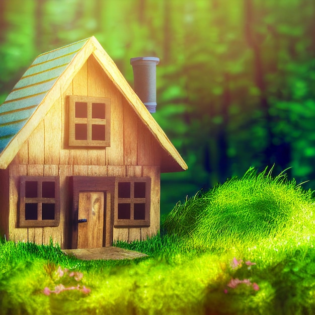 Casa ecologica fatta di legno illustrazione 3d simpatico piccolo giocattolo come concetto di nuova vita verde in un ambiente sostenibile ecologico sfondo naturale per annunci immobiliari