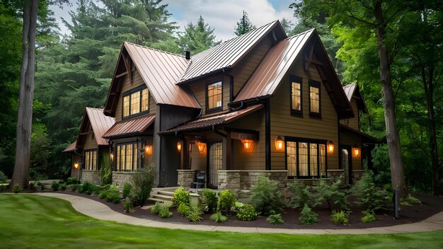 Casa elegante con rivestimenti e tetti in metallo marrone Concetto di ristrutturazione della casa Design esterno Materiali di rivestimento in metallo Tetti di casa elegante