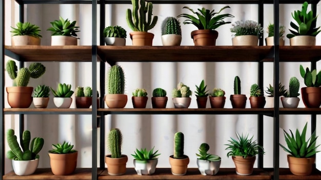 Casa estetica con cactus e piante su uno scaffale di legno