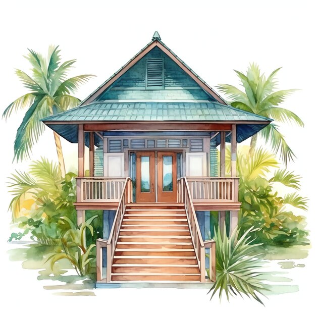 casa estiva accessorio di vita semplice per il giorno estivo in acquerello a colori tropicali alle Hawaii