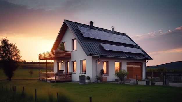 Casa familiare con pannelli solari e sistema di energia solare all'alba Tramonto