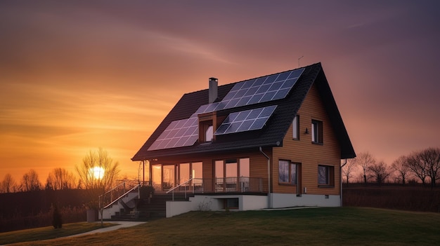 Casa familiare con pannelli solari e sistema di energia solare all'alba Tramonto