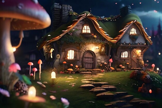 Casa fantastica a forma di fungo che cresce in una foresta magica