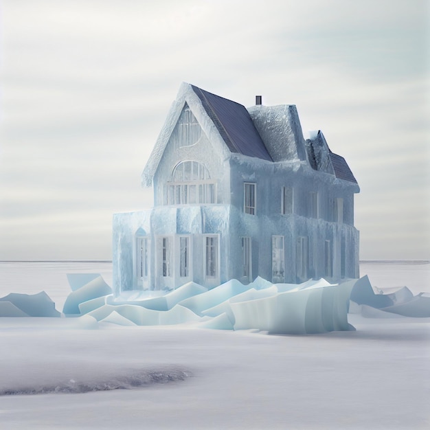 Casa fatta di casa ghiacciata congelata nel rendering 3d artico nevoso