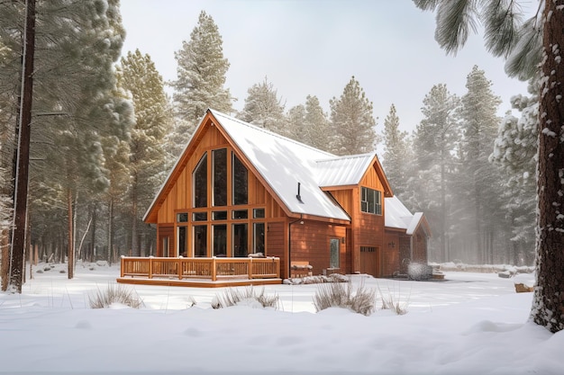 Casa fienile moderna e accogliente in legno nella foresta in inverno