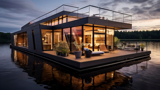 Casa galleggiante di lusso con interno illuminato al crepuscolo