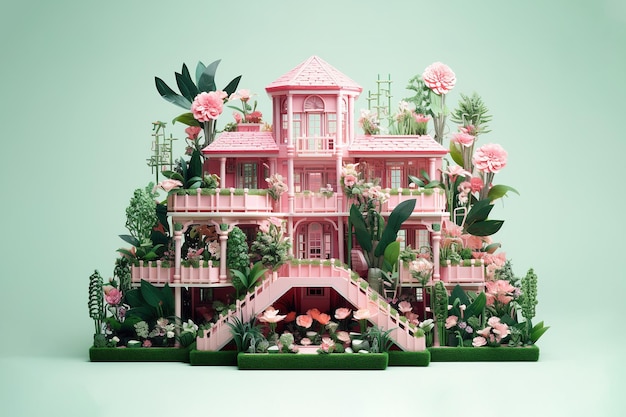 Casa giocattolo con piante e cactus in colori rosa e verde ai generativi