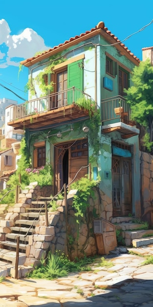 Casa greca in stile anime art 32k Uhd