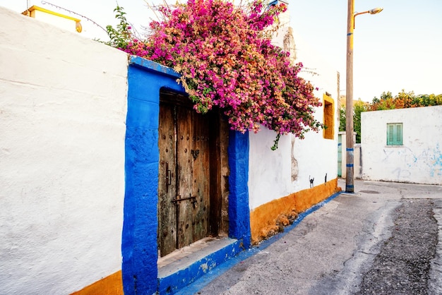 Casa greca tradizionale con fiore in fiore nel villaggio di Archangelos a Rodi Grecia