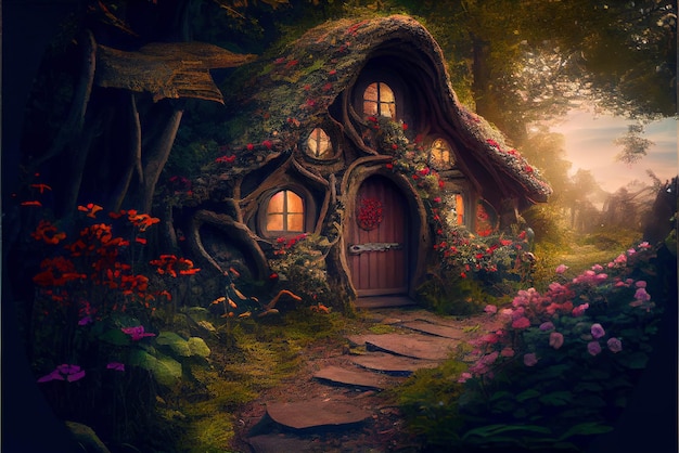 Casa Hobbit nella foresta fantasy di notte IA generativa Casa delle fiabe