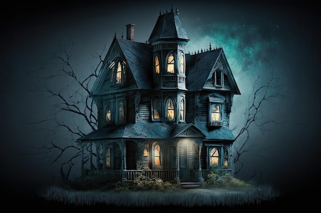 Casa horror spaventosa scura con finestre luminose su sfondo sfocato