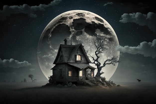 Casa horror spaventosa solitaria sullo sfondo del cielo scuro e della luna