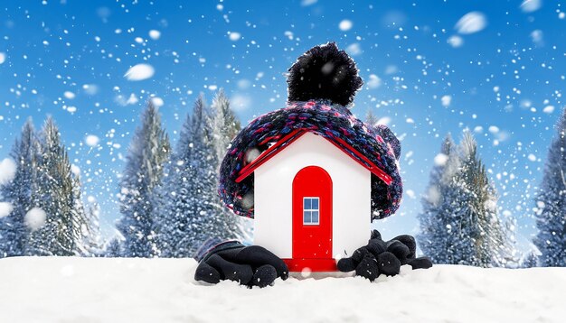 casa in inverno concetto di sistema di riscaldamento e freddo tempo innevato con modello di una casa che indossa