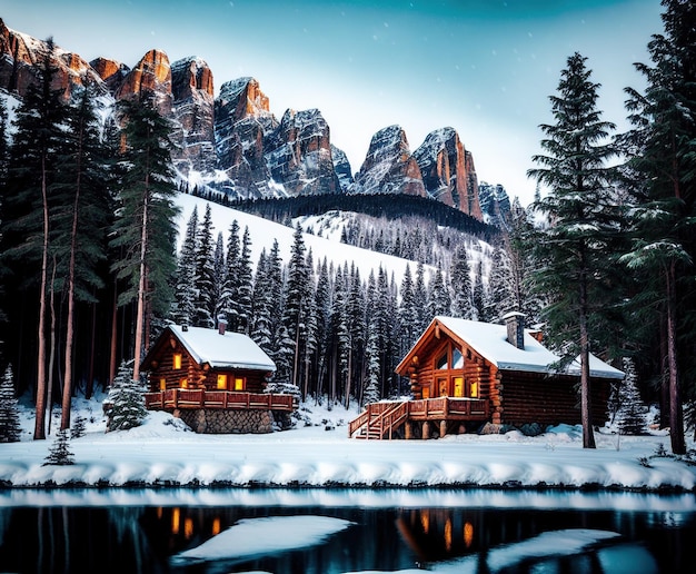 casa in legno con bellissimo paesaggio invernale con alberi innevati