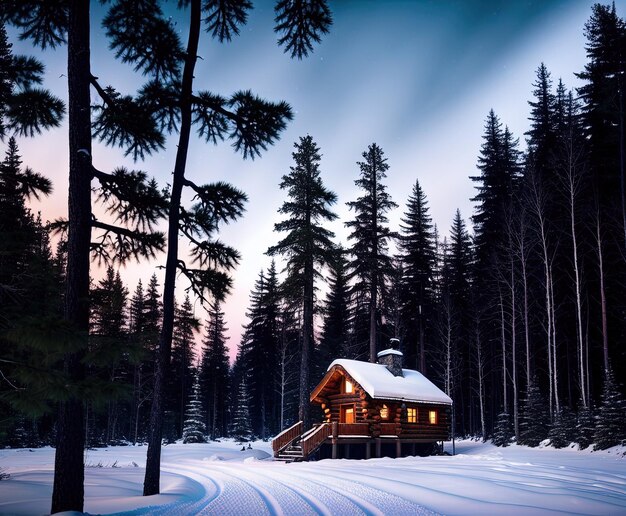 casa in legno con bellissimo paesaggio invernale con alberi innevati