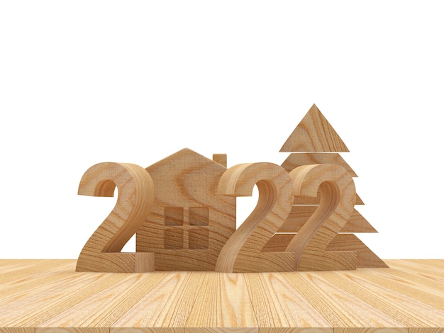 Casa in legno con un albero di Natale e il numero del capodanno