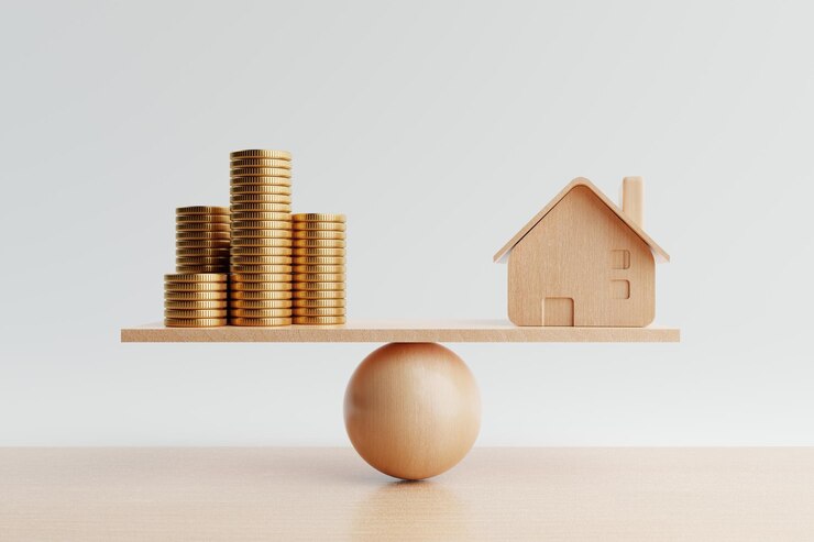 Casa in legno e moneta d'oro su scala di bilanciamento su sfondo bianco Mutuo di affari immobiliari