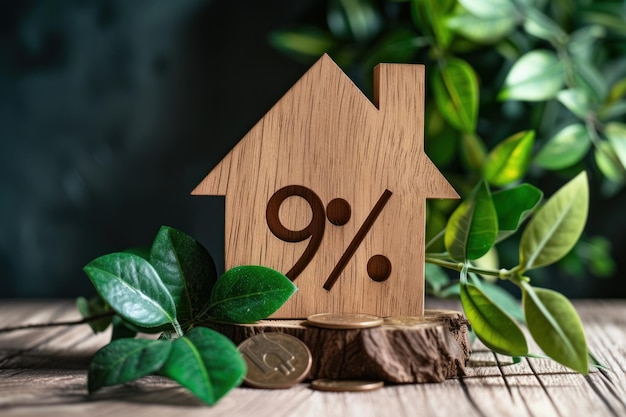 Casa in legno e percentuale di foglia verde sul tavolo concetto di prestito ipotecario di investimento immobiliare