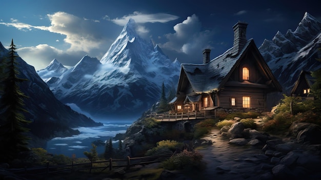 Casa in legno fantasy con montagna innevata