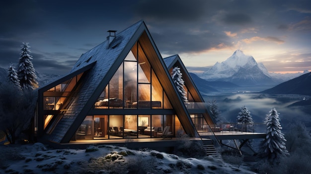Casa in legno fantasy con montagna innevata