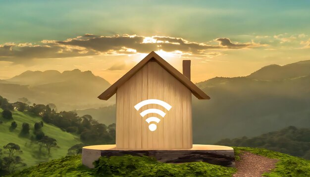 Casa in legno in campagna con segnale di connessione wifi