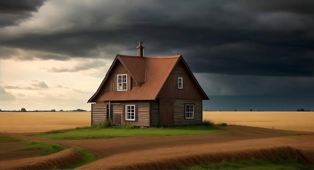 Casa in legno marrone su terreno agricolo sotto il cielo nuvoloso generato ai