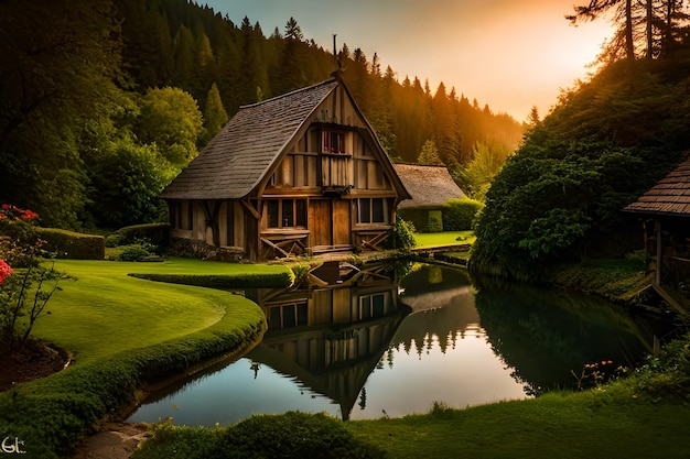 Casa in legno nel bosco con un lago