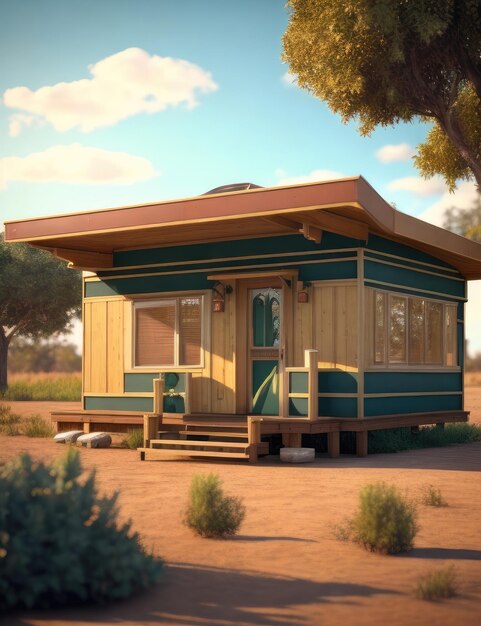 Casa in legno nel parco in una giornata di sole rendering 3d