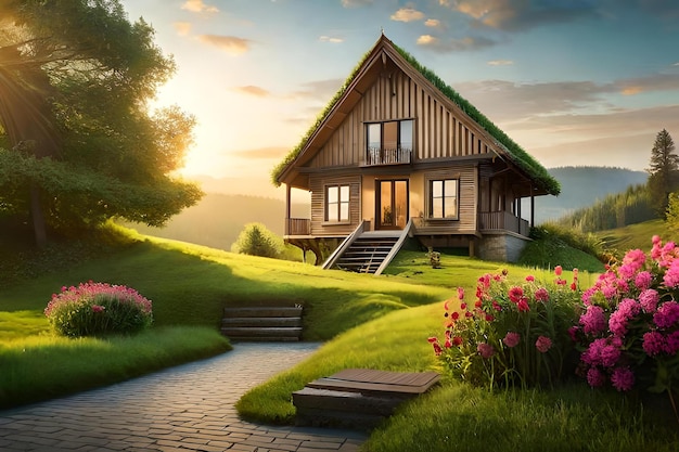 Casa in legno sulla collina con fiori