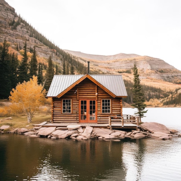 Casa in legno sulla riva di un lago