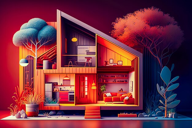 Casa in mezzo alla foresta con il cielo rosso sullo sfondo AI generativa