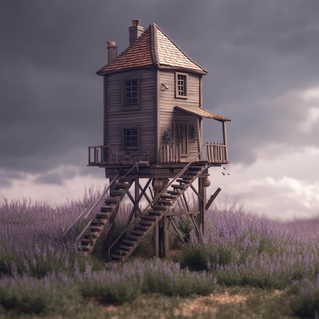 Casa in miniatura con scala in cima in un campo