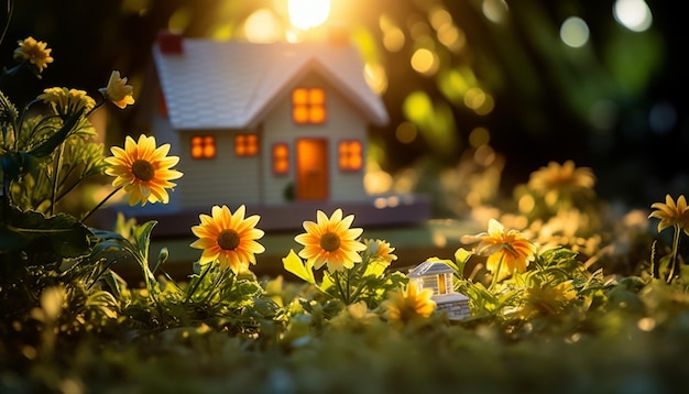 Casa in miniatura nel giardino con fiore giallo Focalizzazione selettiva