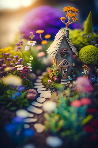 Casa in miniatura nel mezzo del giardino delle fate IA generativa