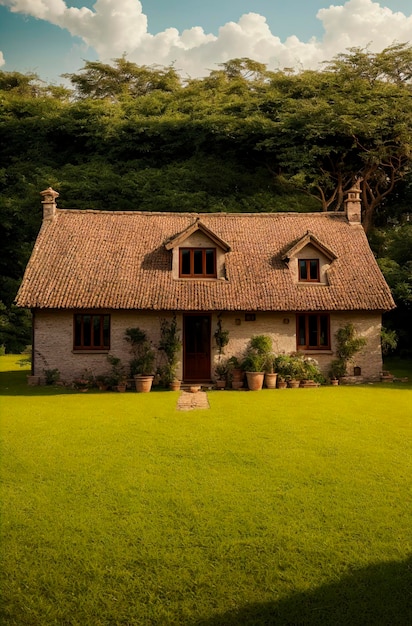 Casa in natura Abitazione suburbana con tempo soleggiato e nuvoloso IA generativa