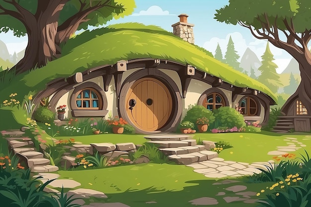 Casa in stile Hobbit con tetto d'erba e porta rotonda