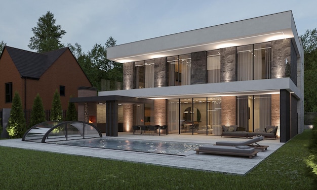 Casa in stile moderno con piscina e posto auto coperto. Visualizzazione 3D